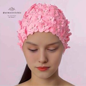SWIM CAP | Fitted Floral Bling Rhinestone & Textured Pink Flower Petal Pattern